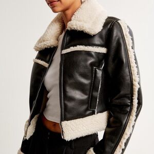 Abercrombie Black Faux Leather Jacket with Shearling Trim